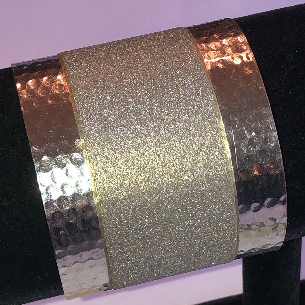 Silver Tone Silver Glitter Hammered Boho Chunky Statement Cuff Bracelet